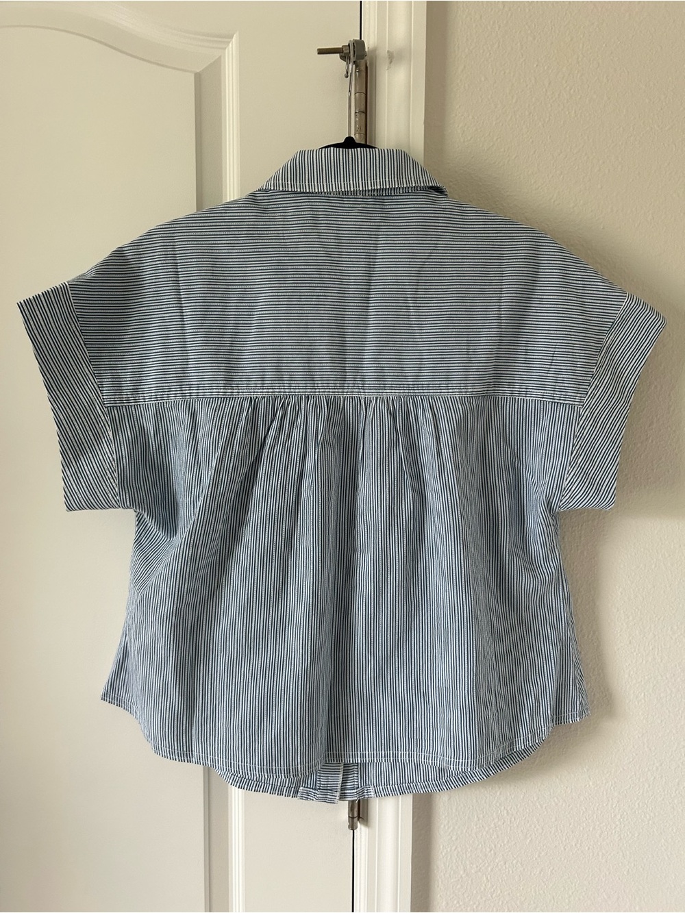 Anthropologie Pilcro Blue Striped Ruffle-Trim Button Front Shirt Top Blouse - Picture 5 of 12